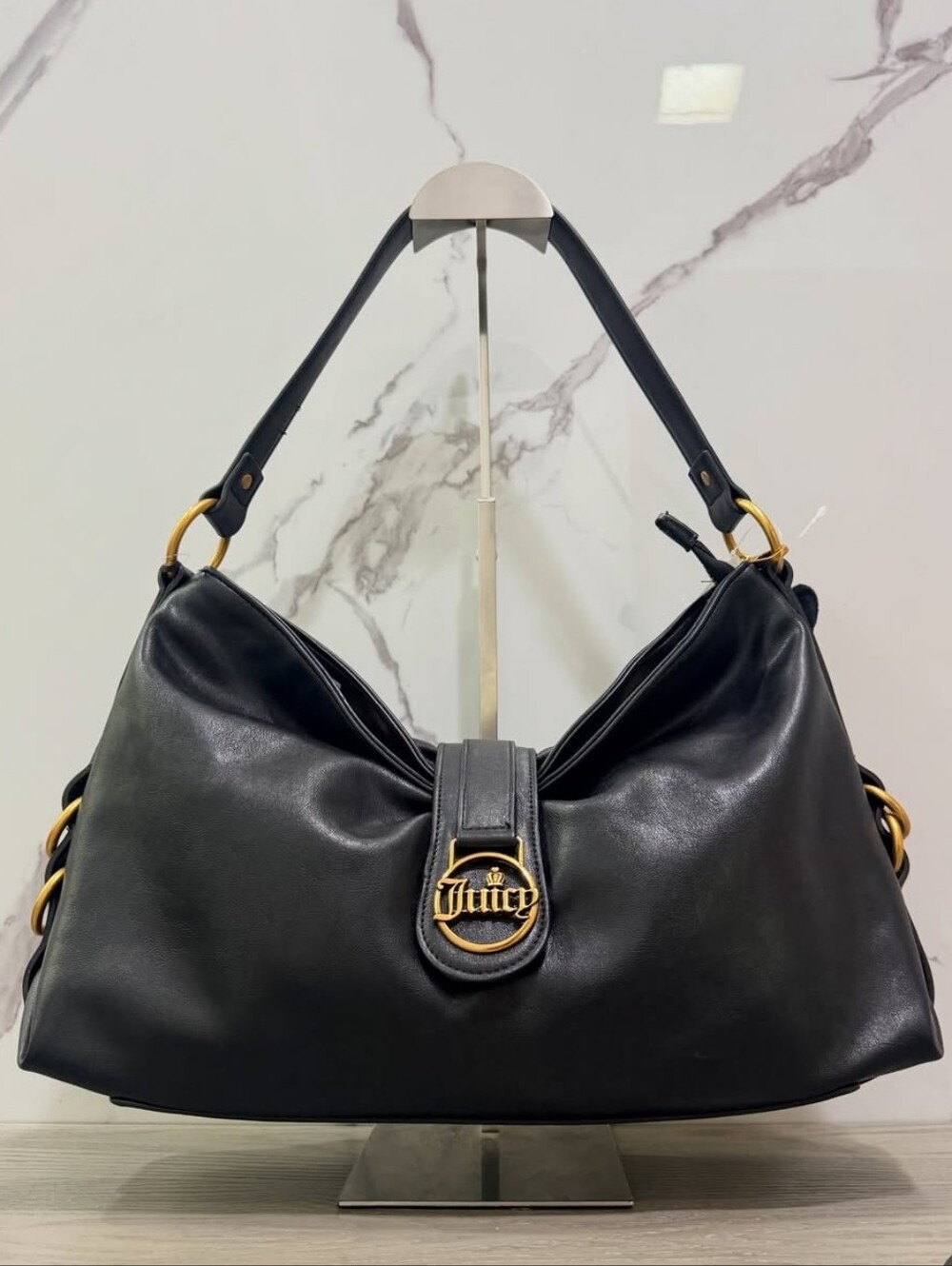 Juicy Couture Black Leather Hobo Shoulder Bag with Gold Hardware